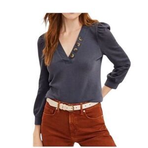 Loft Womens Puff Sleeve Henley Mixed Media Sweatshirt V Neck Cotton